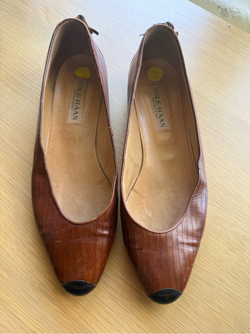 Cole Haan Chestnut Brown Leather Pointed Toe Flats with Black Cap